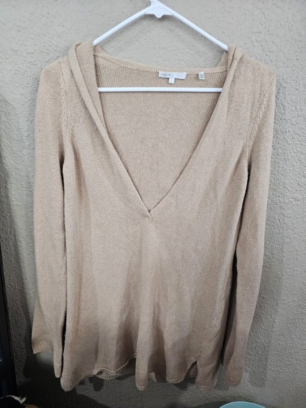 Vince Tan Deep V Neck Tunic Sweater Hooded Women's Large Long Sleeve